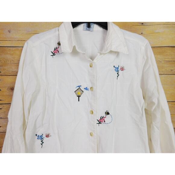 Vintage Cascade Blues Shirt Large White Embroidered Flowers Butterflies - Picture 2 of 9